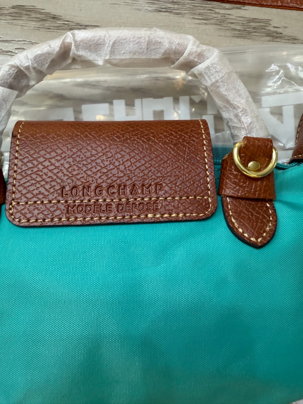 SMALL Longchamp Turquoise Nylon Tote with Brown Leather Trim - Picture 2 of 8